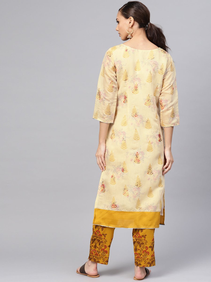 Ahalyaa Women Beige & Mustard Yellow Printed Kurta with Trousers | Swadesiicart