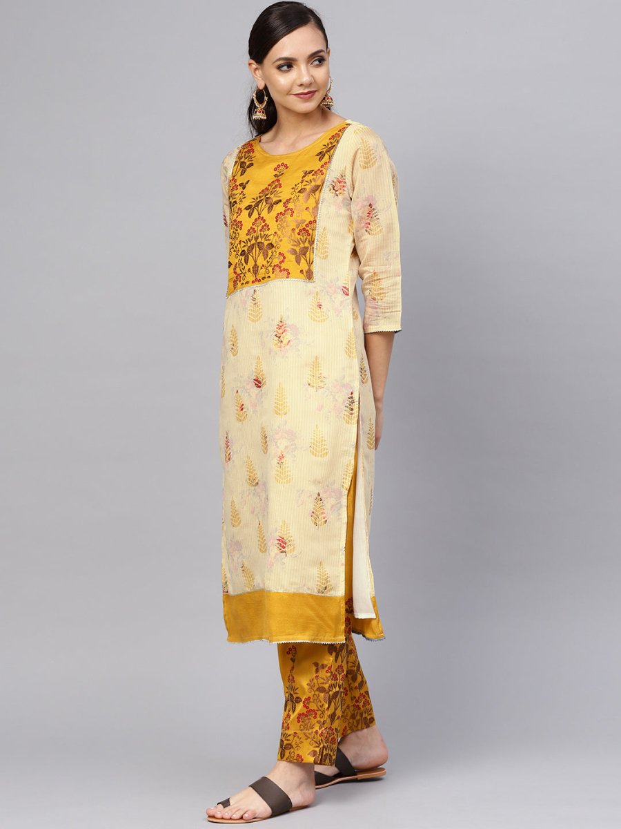Ahalyaa Women Beige & Mustard Yellow Printed Kurta with Trousers | Swadesiicart