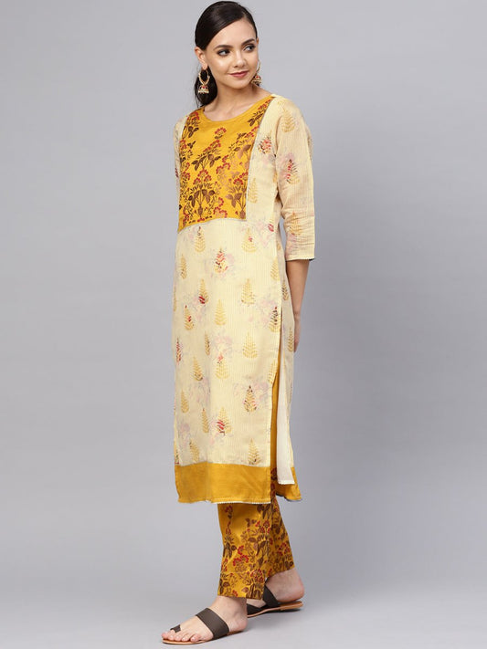 Ahalyaa Women Beige & Mustard Yellow Printed Kurta with Trousers | Swadesiicart