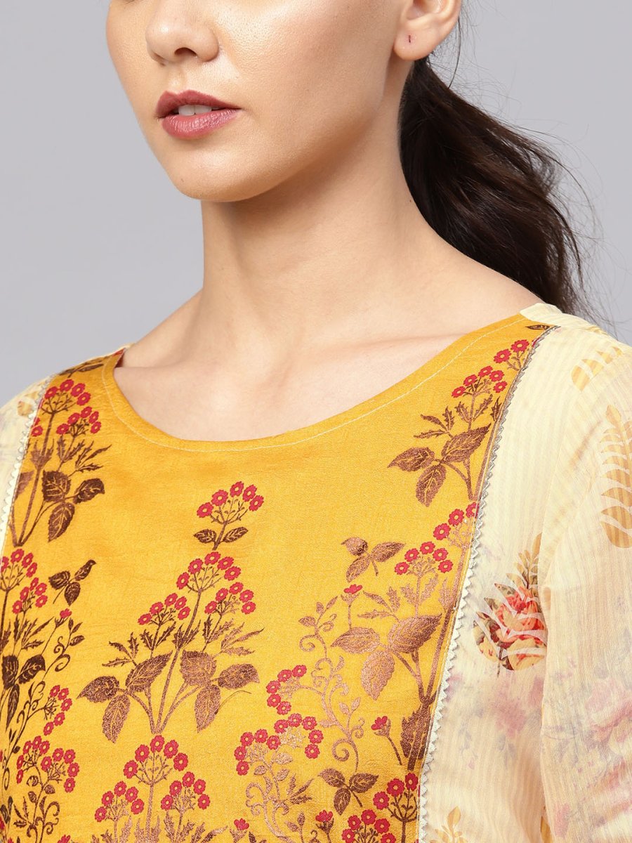 Ahalyaa Women Beige & Mustard Yellow Printed Kurta with Trouser | Swadesiicart