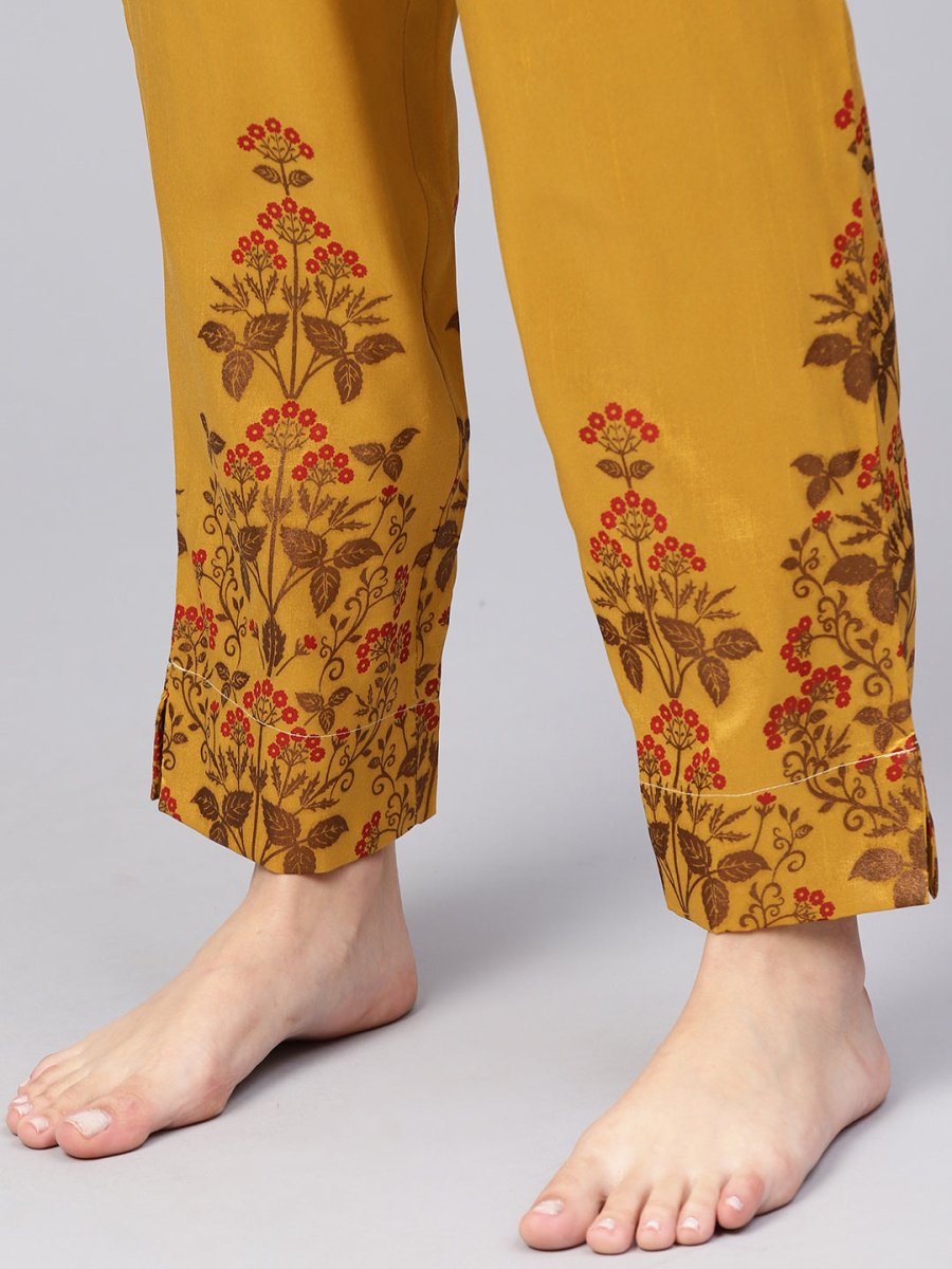 Ahalyaa Women Beige & Mustard Yellow Printed Kurta with Trouser | Swadesiicart