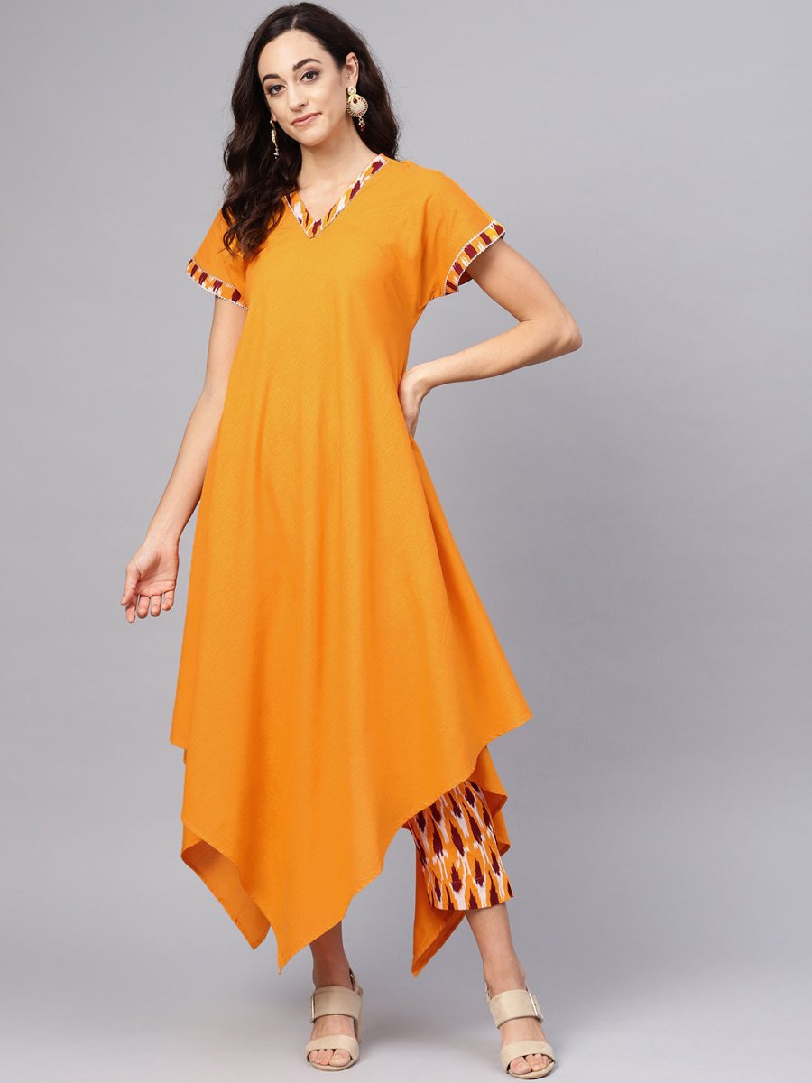 Ahalyaa Mustard Solid Kimono Style Cotton Kurta Set | Swadesiicart