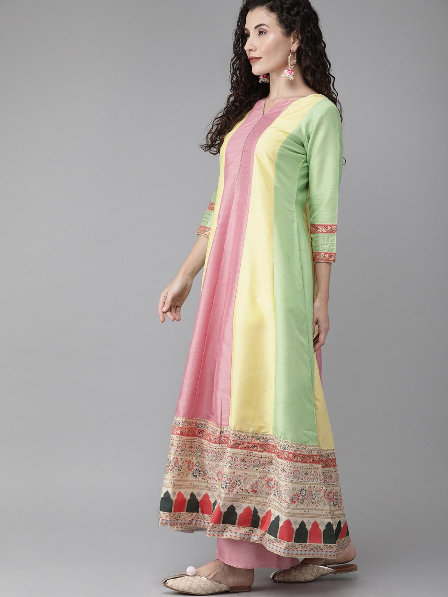 Ahalyaa Women Pink & Yellow Colourblocked Kurta with Palazzos | Swadesiicart