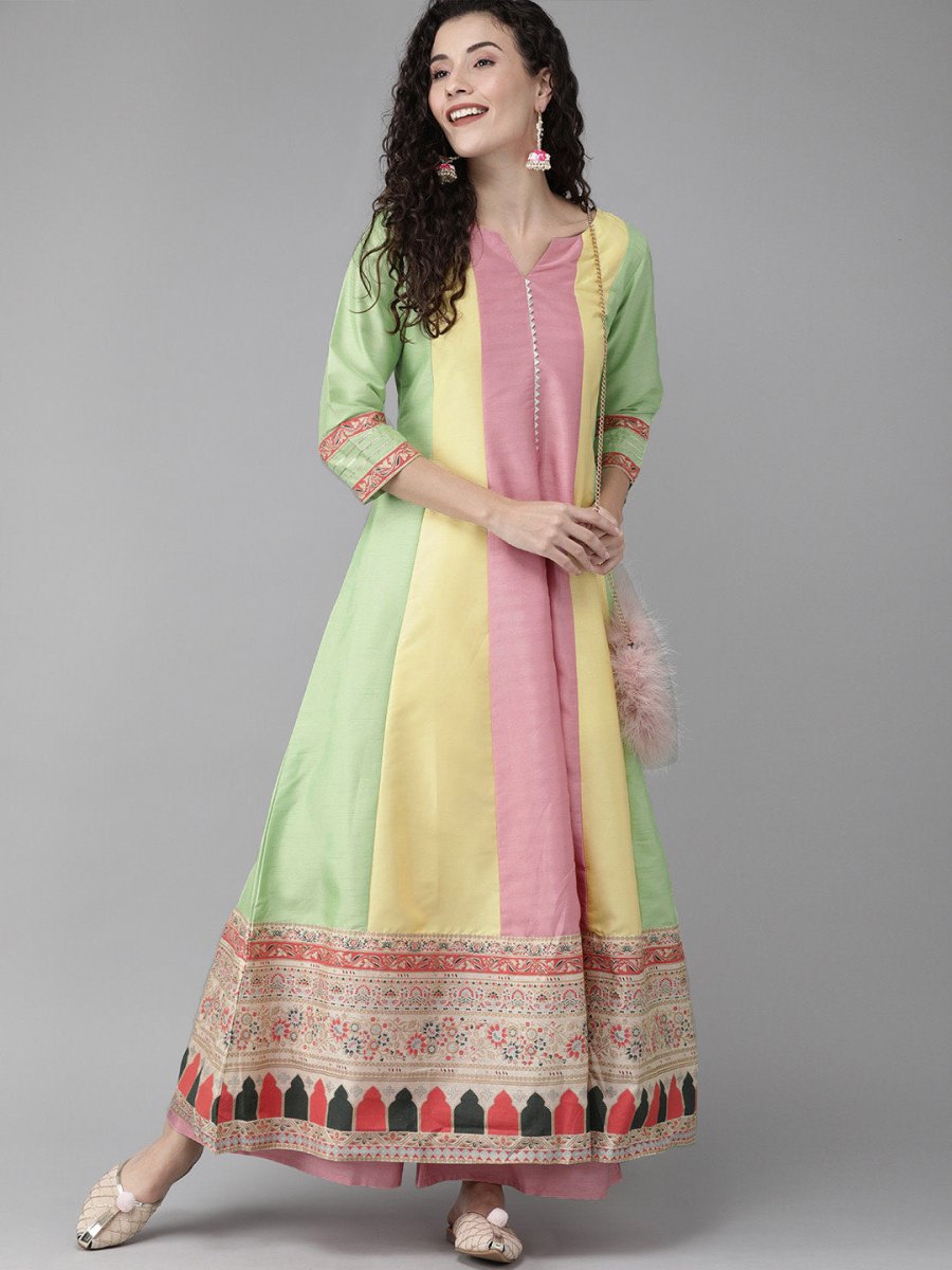 Ahalyaa Women Pink & Yellow Colourblocked Kurta with Palazzos | Swadesiicart