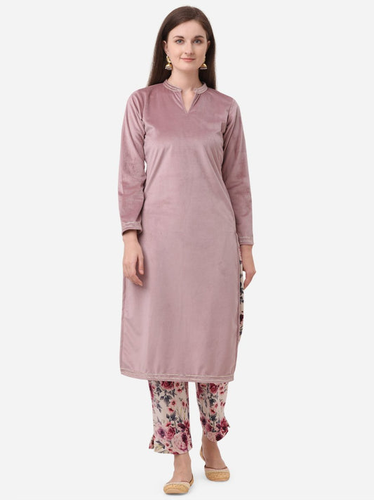 Ahalyaa Lilac Solid Kurta & Floral Pant Set | Swadesiicart