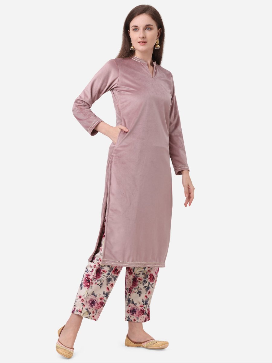 Ahalyaa Lilac Solid Kurta & Floral Pant Set | Swadesiicart