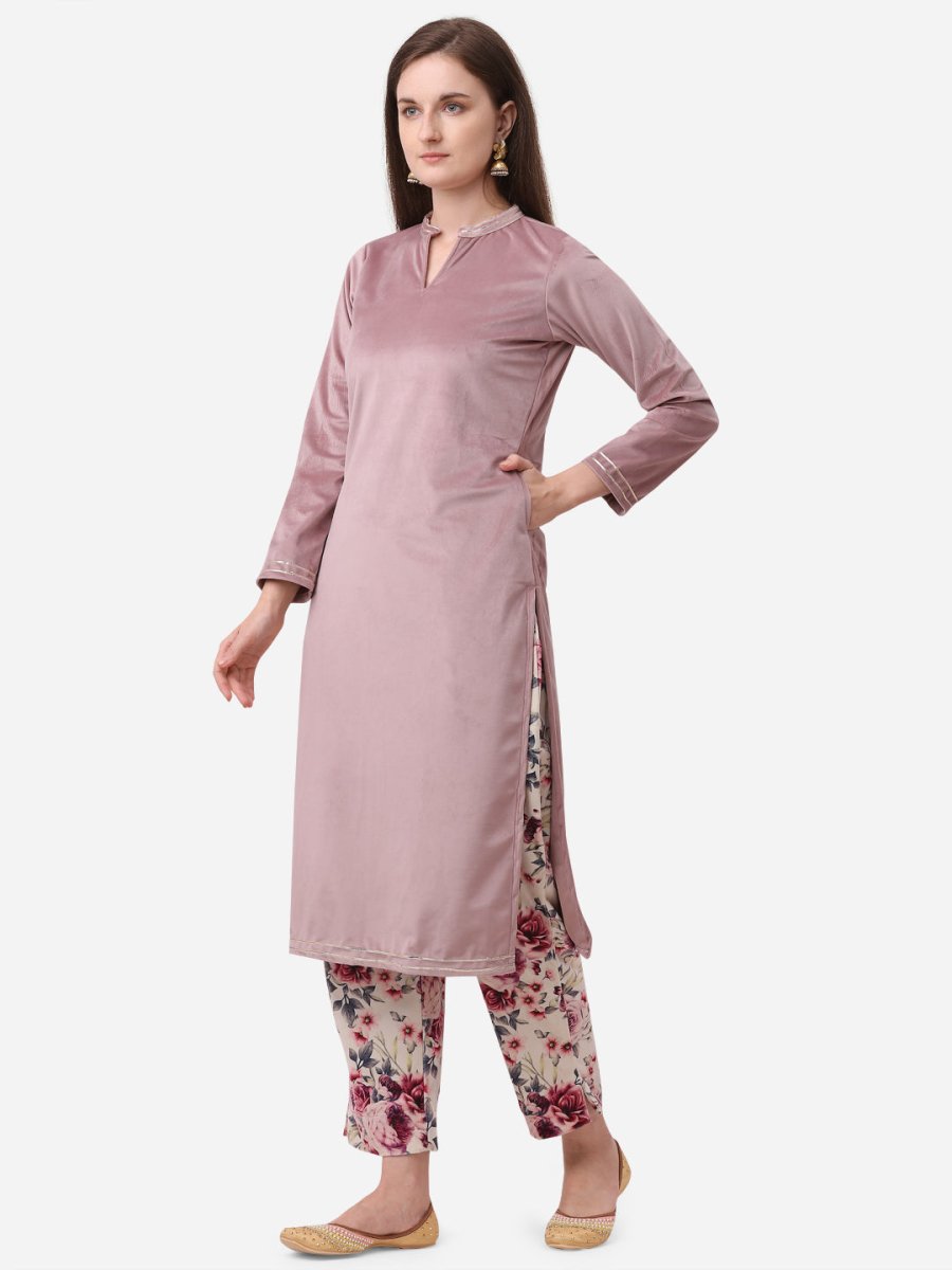 Ahalyaa Lilac Solid Kurta & Floral Pant Set | Swadesiicart
