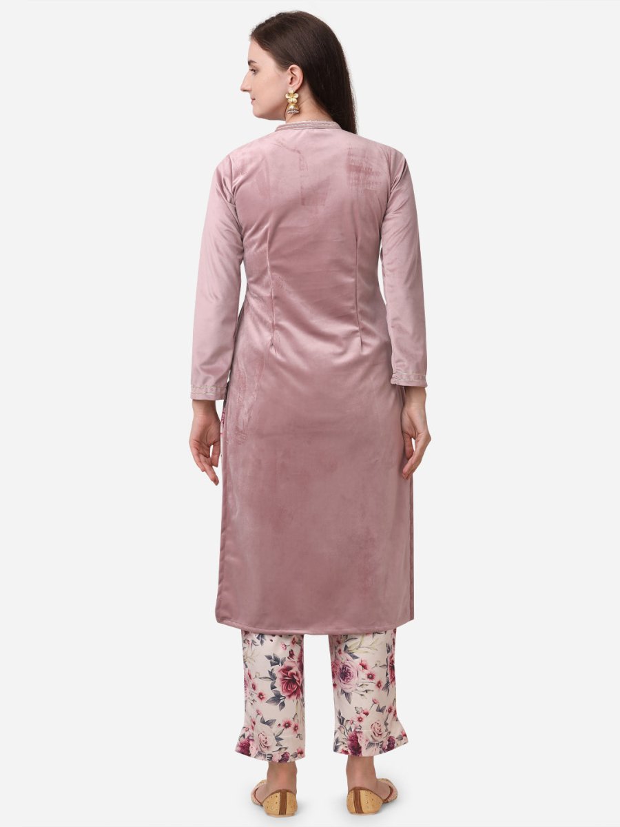 Ahalyaa Lilac Solid Kurta & Floral Pant Set | Swadesiicart