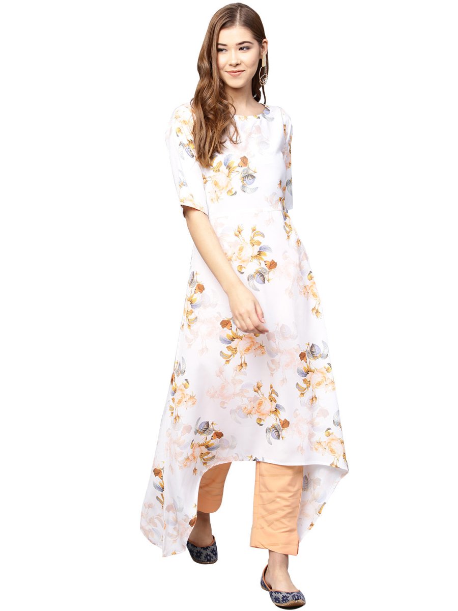 Ahalyaa White & Peach Floral Kurta With Pant | Swadesiicart