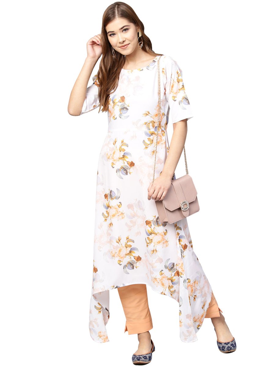 Ahalyaa White & Peach Floral Kurta With Pant | Swadesiicart