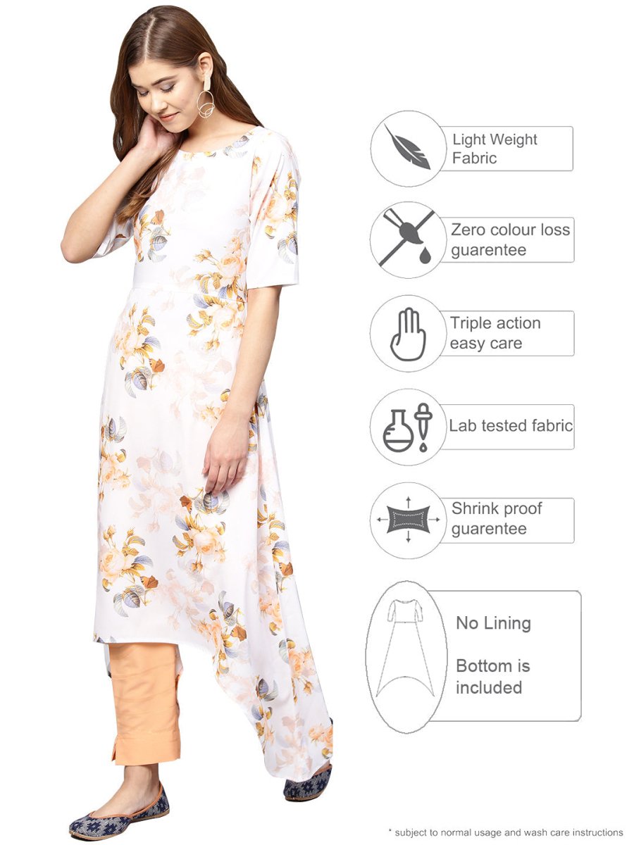 Ahalyaa White & Peach Floral Kurta With Pant | Swadesiicart