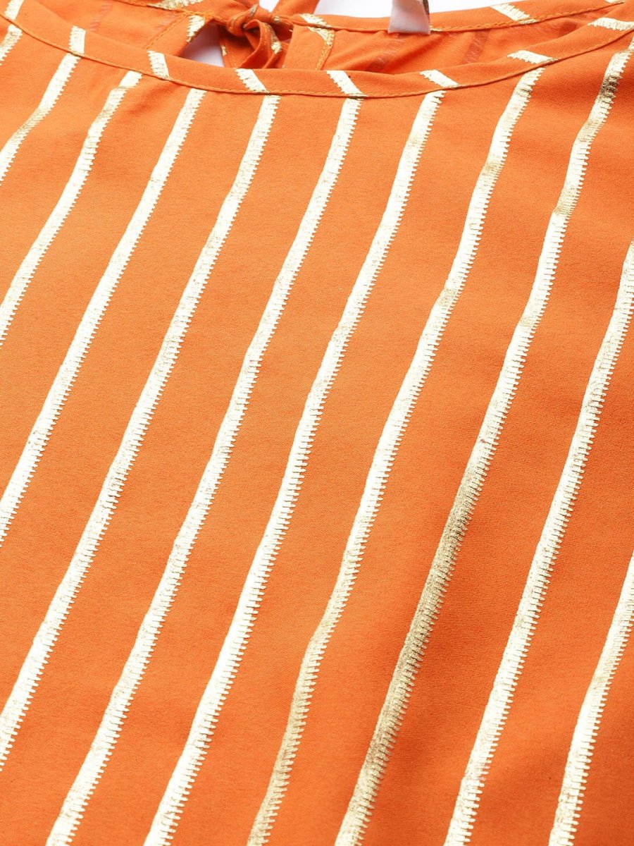 Ahalyaa Women Orange & Golden Striped Kurta With Trousers & Dupatta | Swadesiicart