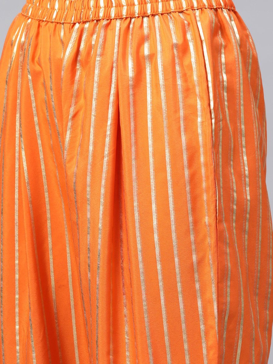 Ahalyaa Women Orange & Golden Striped Kurta With Trousers & Dupatta | Swadesiicart