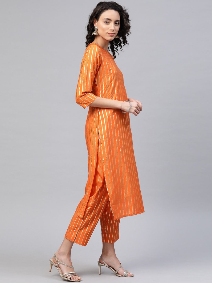 Ahalyaa Women Orange & Golden Striped Kurta With Trousers & Dupatta | Swadesiicart