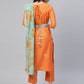 Ahalyaa Women Orange & Golden Striped Kurta With Trousers & Dupatta | Swadesiicart