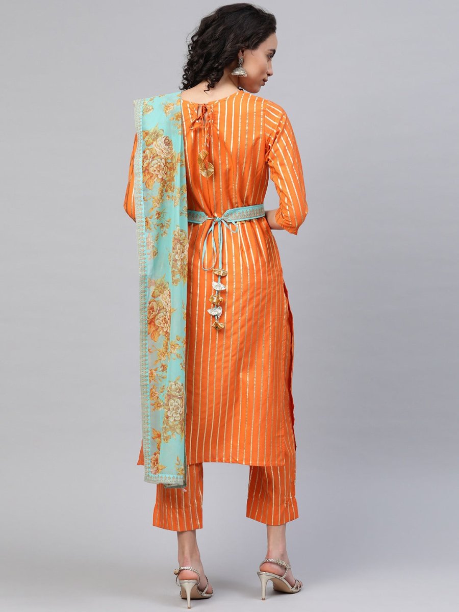 Ahalyaa Women Orange & Golden Striped Kurta With Trousers & Dupatta | Swadesiicart