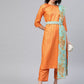 Ahalyaa Women Orange & Golden Striped Kurta With Trousers & Dupatta | Swadesiicart