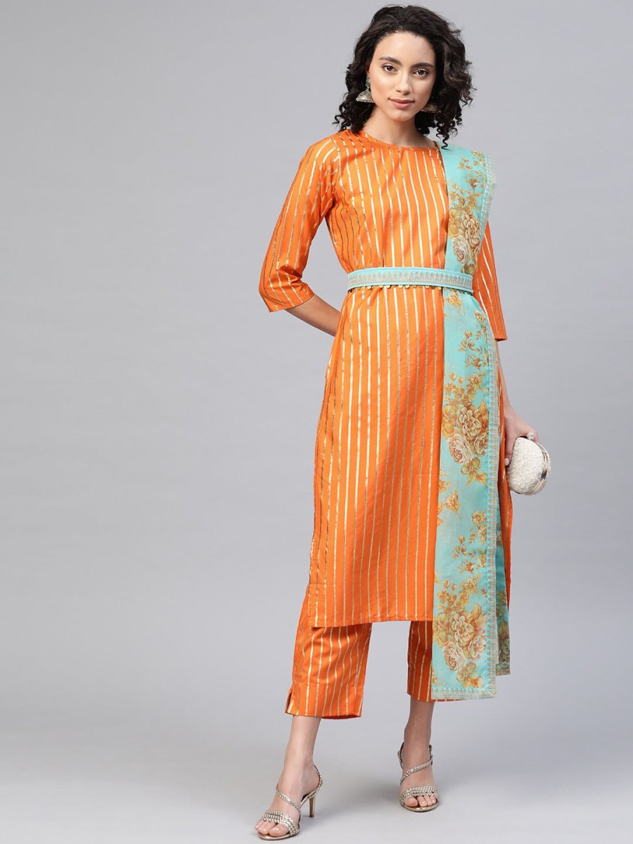 Ahalyaa Women Orange & Golden Striped Kurta With Trousers & Dupatta | Swadesiicart