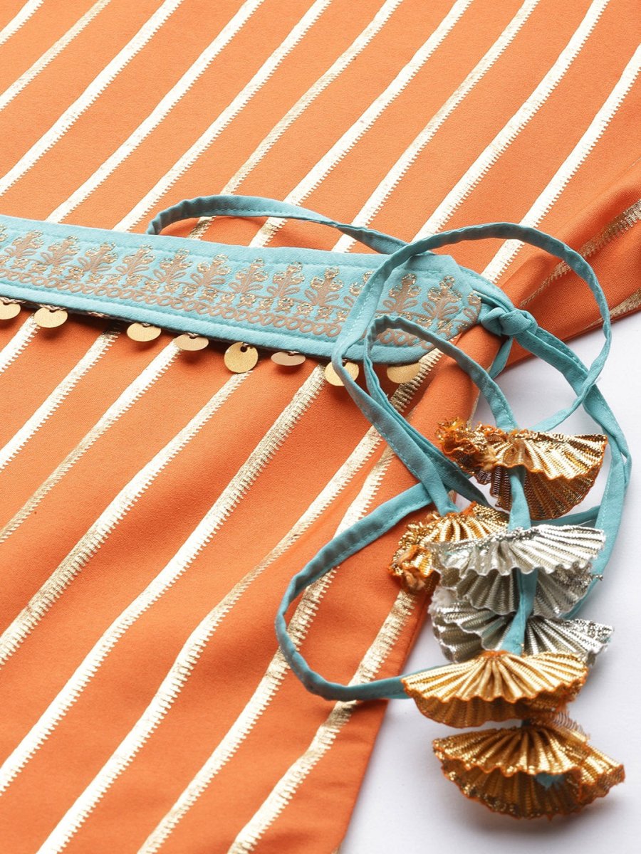 Ahalyaa Women Orange & Golden Striped Kurta With Trousers & Dupatta | Swadesiicart