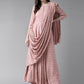 Ahalyaa Pink & Golden Printed Maxi Dress With Attached Dupatta | Swadesiicart