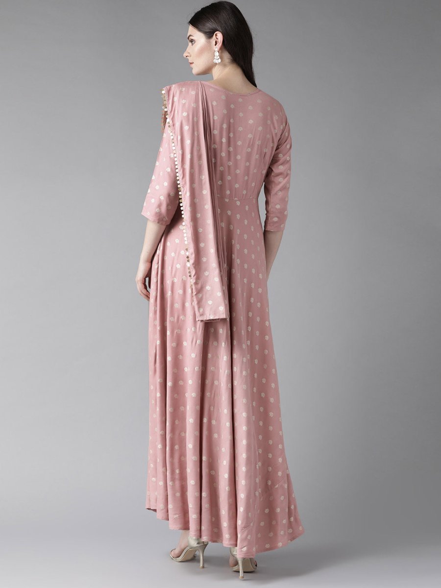Ahalyaa Pink & Golden Printed Maxi Dress With Attached Dupatta | Swadesiicart