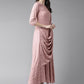 Ahalyaa Pink & Golden Printed Maxi Dress With Attached Dupatta | Swadesiicart