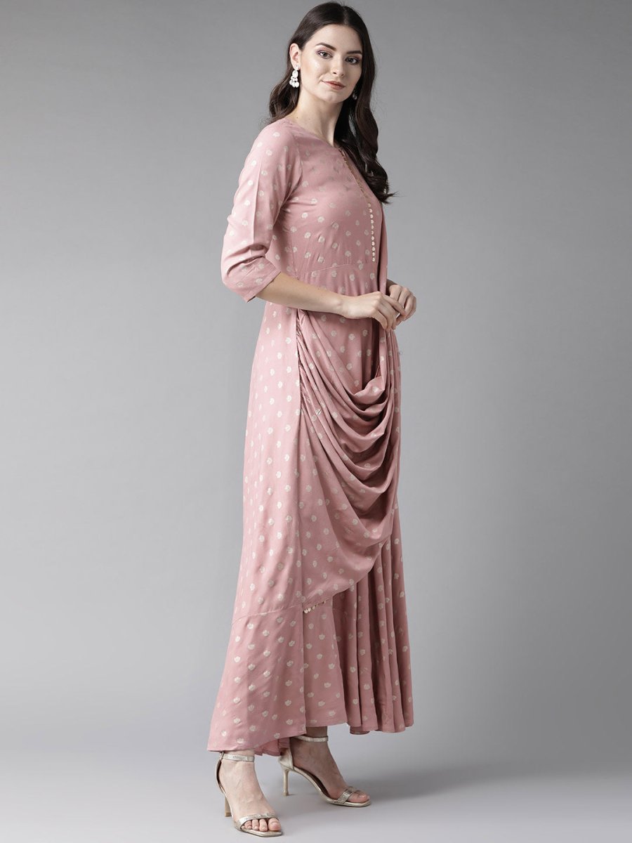 Ahalyaa Pink & Golden Printed Maxi Dress With Attached Dupatta | Swadesiicart
