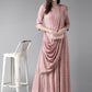 Ahalyaa Pink & Golden Printed Maxi Dress With Attached Dupatta | Swadesiicart
