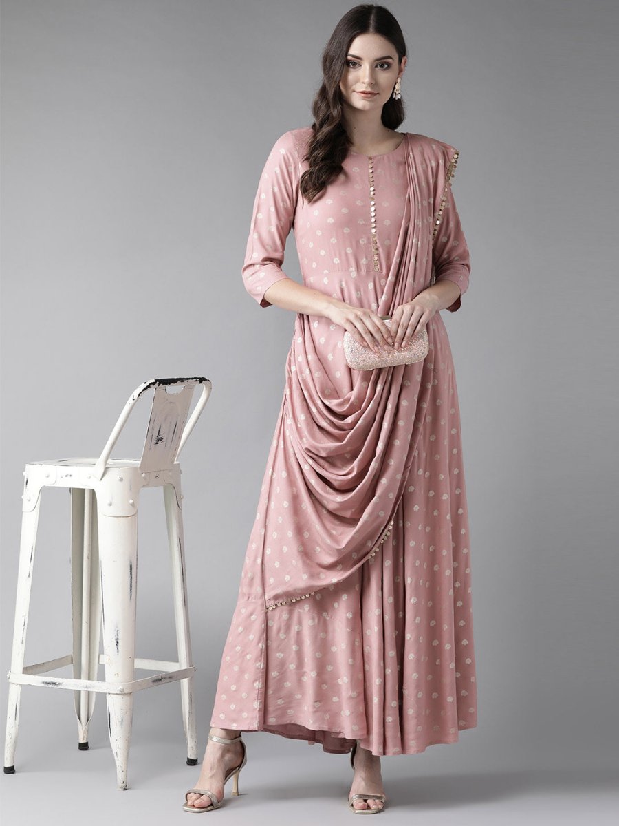 Ahalyaa Pink & Golden Printed Maxi Dress With Attached Dupatta | Swadesiicart
