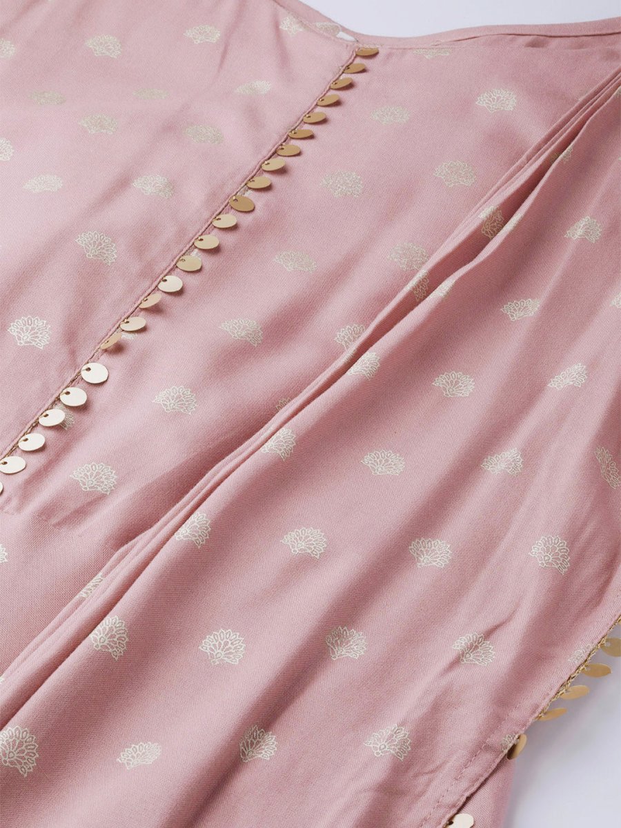 Ahalyaa Pink & Golden Printed Maxi Dress With Attached Dupatta | Swadesiicart