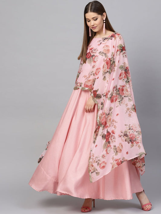 Ahalyaa Women Pink Floral A Line Fusion Dresses | Swadesiicart