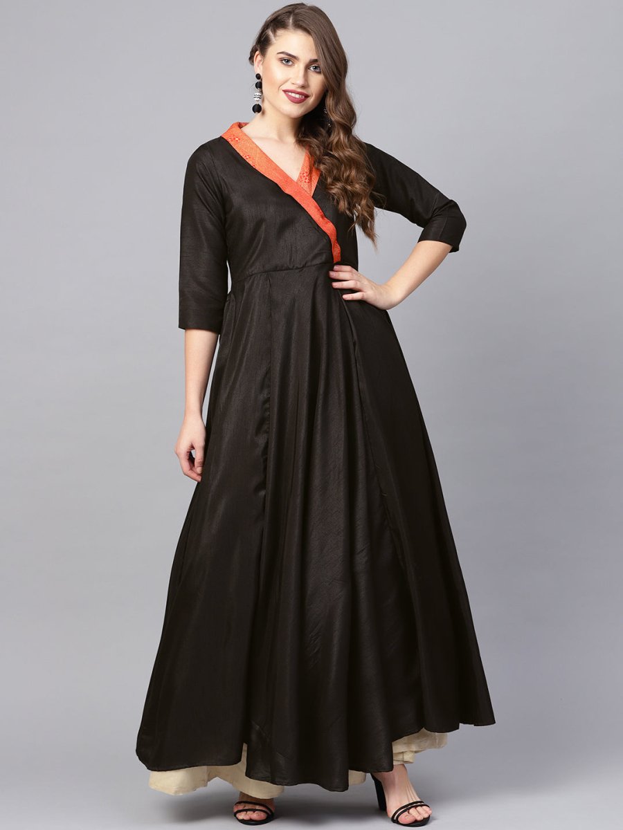 Ahalyaa Black Plain A-Line Kurta | Swadesiicart