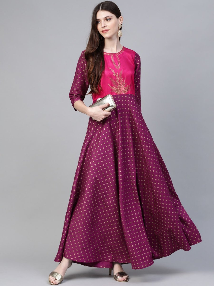 Ahalyaa Purple & Golden Screen Printed Maxi Dress | Swadesiicart
