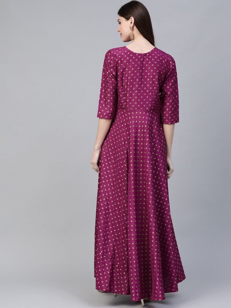 Ahalyaa Purple & Golden Screen Printed Maxi Dress | Swadesiicart