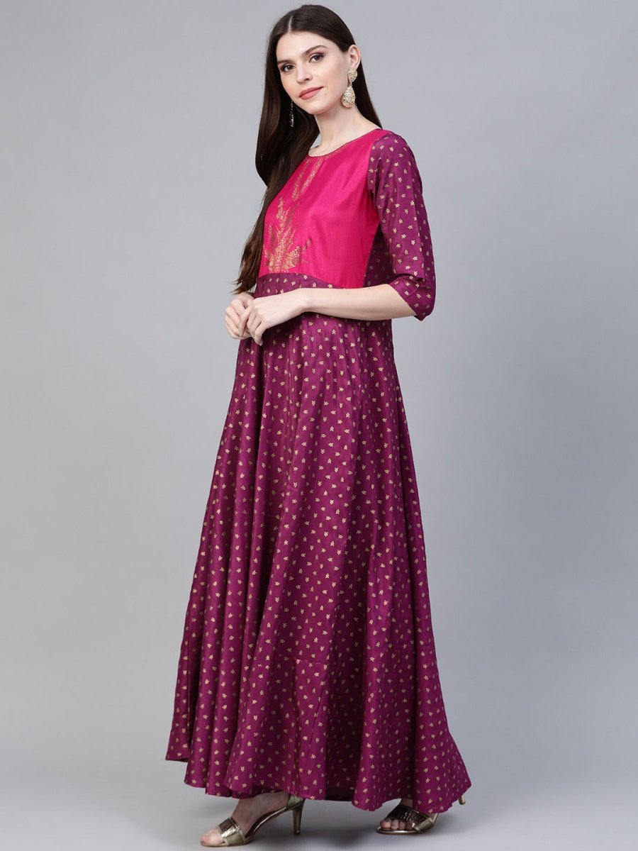 Ahalyaa Purple & Golden Screen Printed Maxi Dress | Swadesiicart