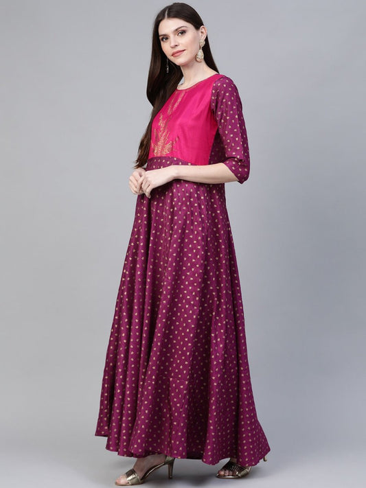 Ahalyaa Purple & Golden Screen Printed Maxi Dress | Swadesiicart