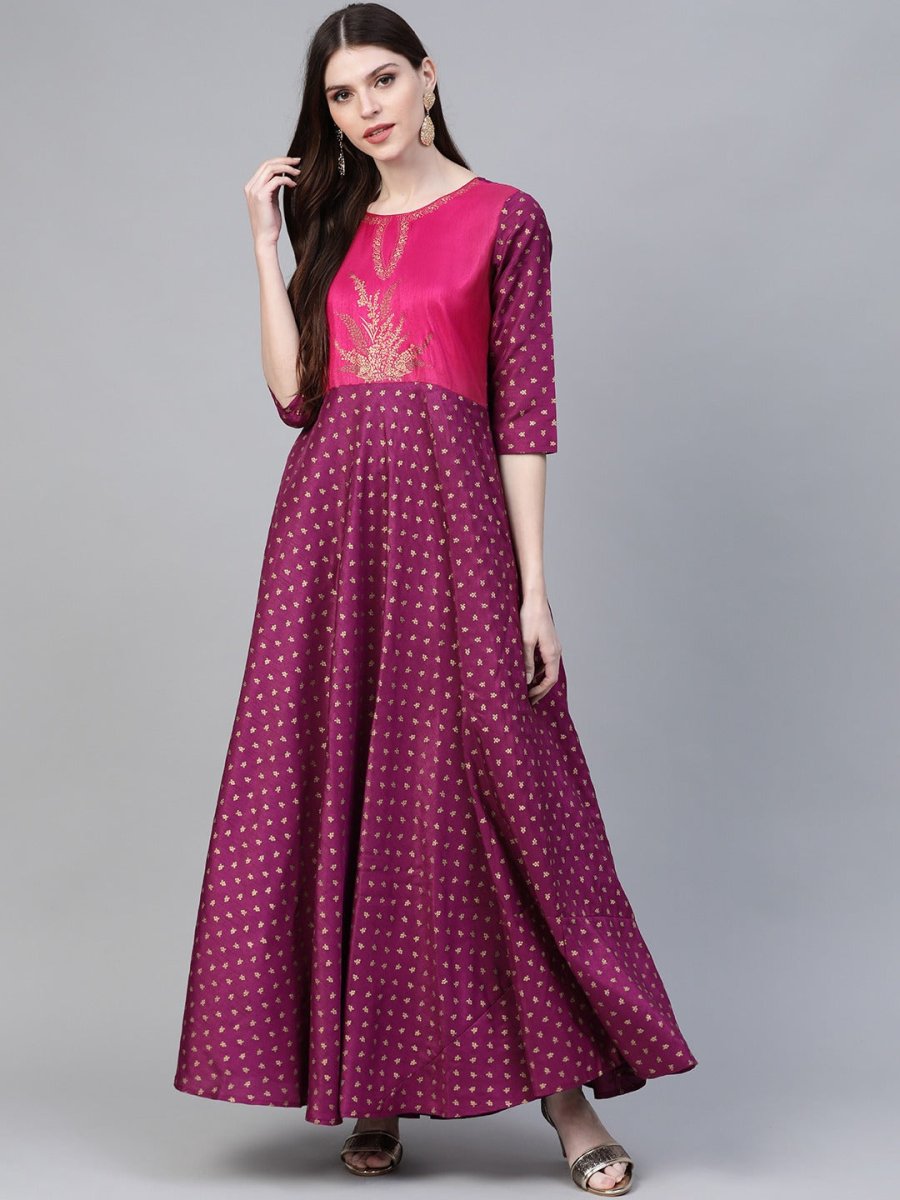 Ahalyaa Purple & Golden Screen Printed Maxi Dress | Swadesiicart