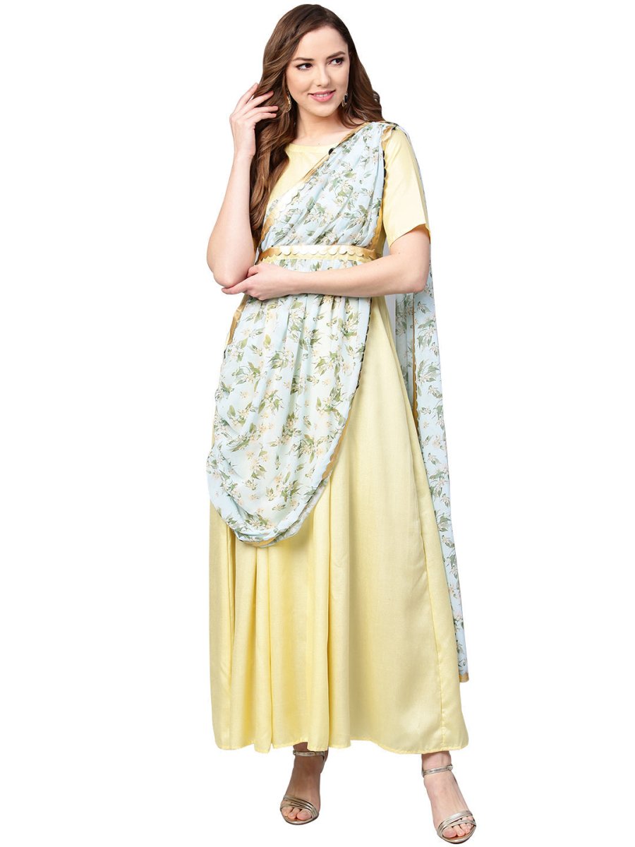Ahalyaa Draped Dupatta A line Dress | Swadesiicart
