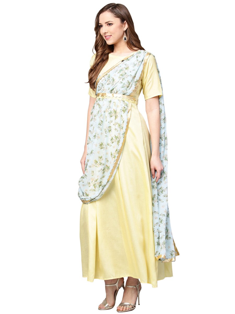 Ahalyaa Draped Dupatta A line Dress | Swadesiicart