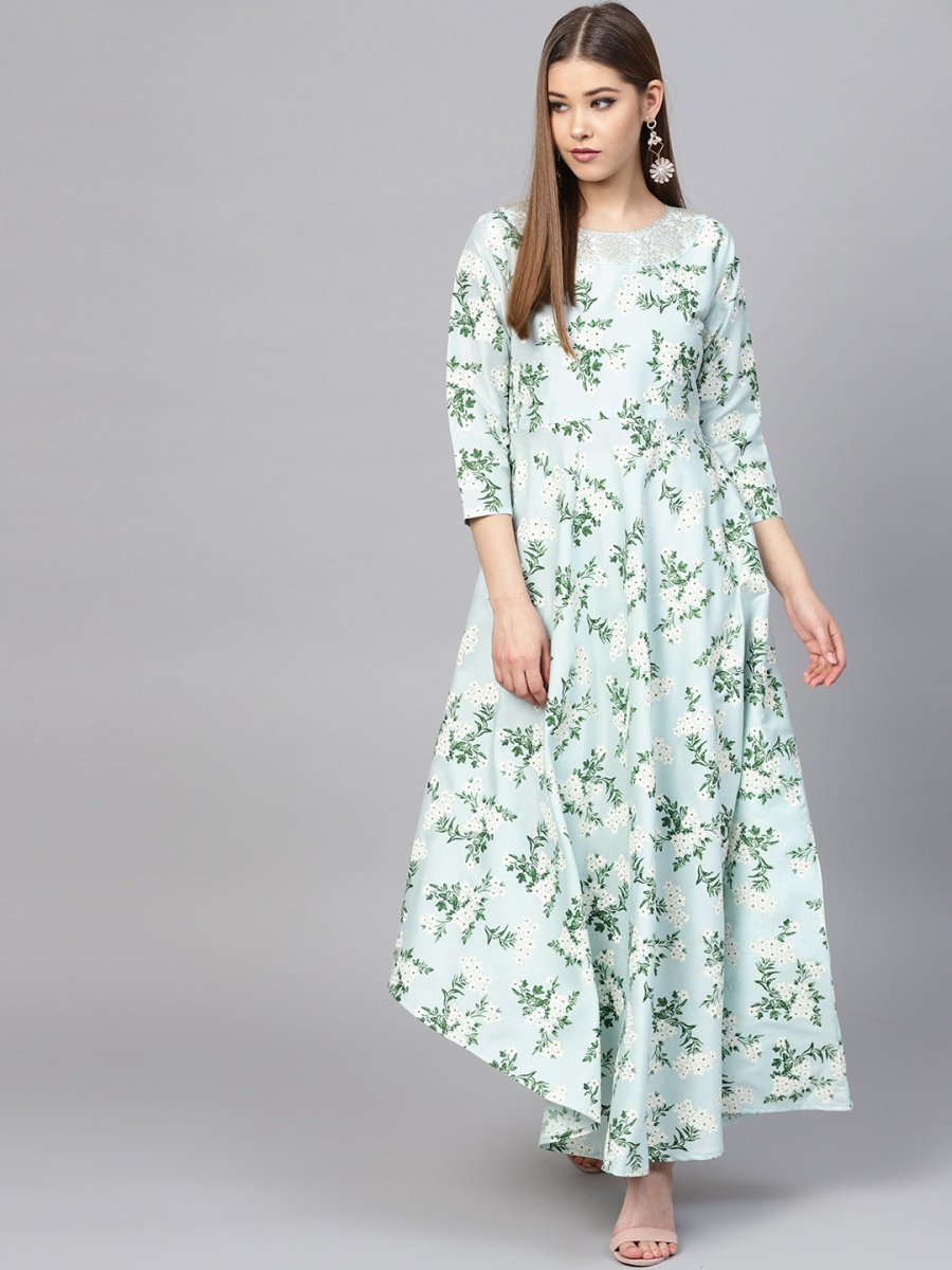 Ahalyaa Sky Blue Printed Asymmetric Kurta | Swadesiicart