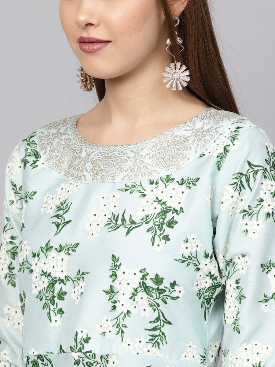 Ahalyaa Sky Blue Printed Asymmetric Women's Kurta | Swadesiicart