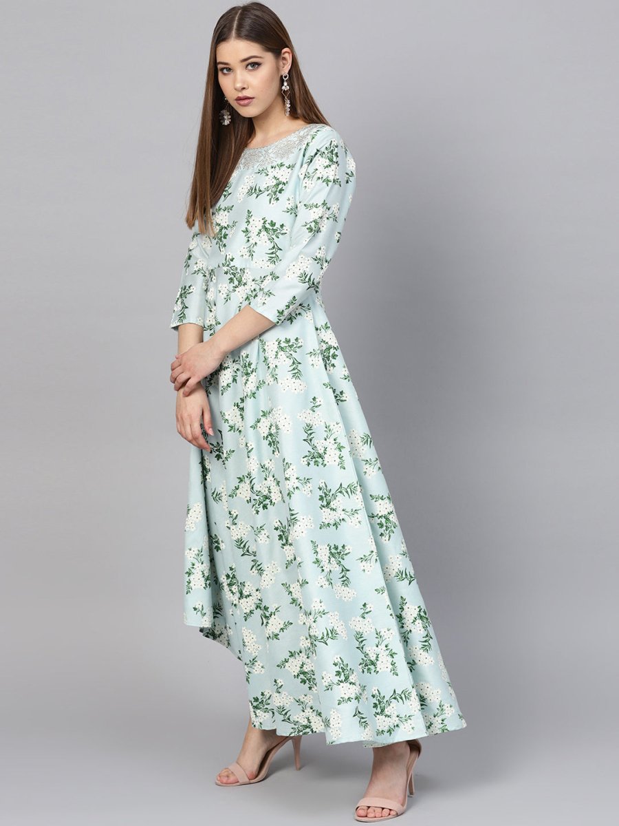 Ahalyaa Sky Blue Printed Asymmetric Women's Kurta | Swadesiicart