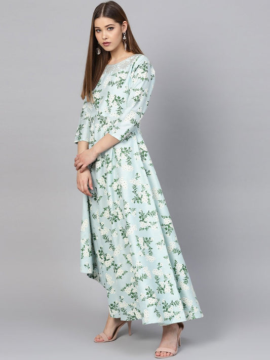 Ahalyaa Sky Blue Printed Asymmetric Women's Kurta | Swadesiicart