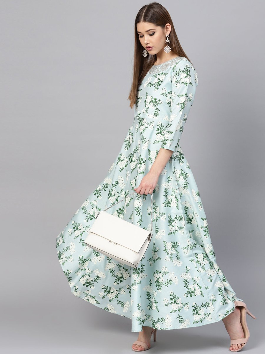 Ahalyaa Sky Blue Printed Asymmetric Kurta | Swadesiicart