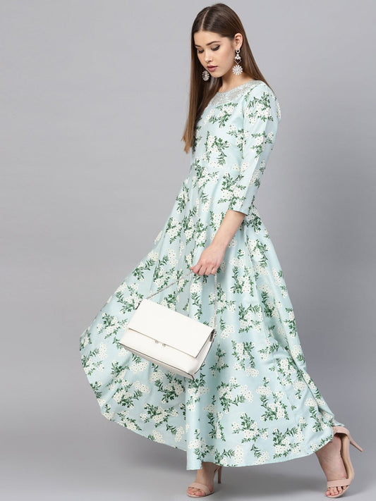 Ahalyaa Sky Blue Printed Asymmetric Kurta | Swadesiicart