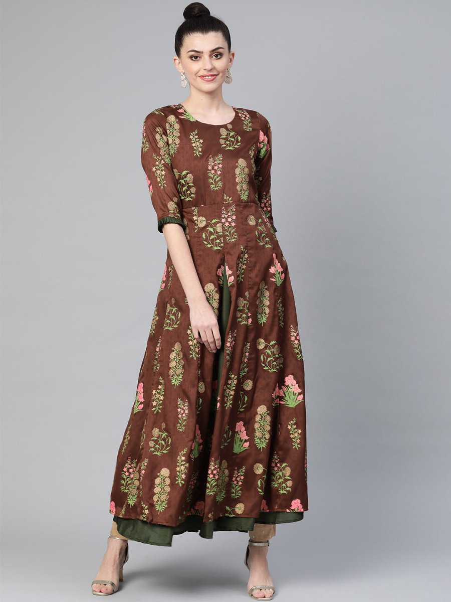 Ahalyaa Women Brown & Olive Green Floral Print Layered Beautiful Anarkali Kurta | Swadesiicart