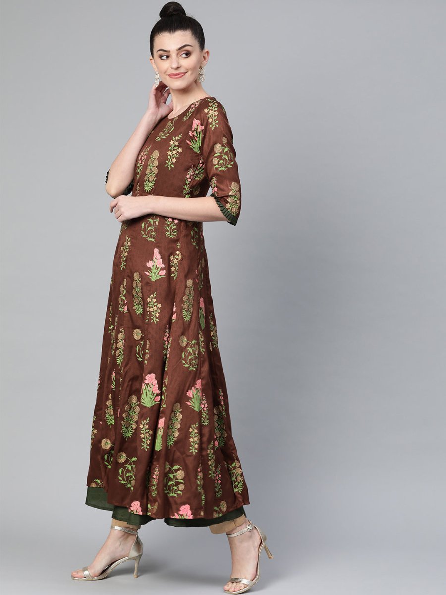 Ahalyaa Women Brown & Olive Green Floral Print Layered Beautiful Anarkali Kurta | Swadesiicart