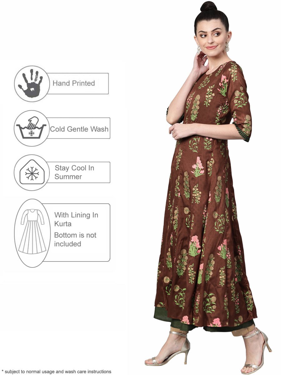Ahalyaa Women Brown & Olive Green Floral Print Layered Beautiful Anarkali Kurta | Swadesiicart