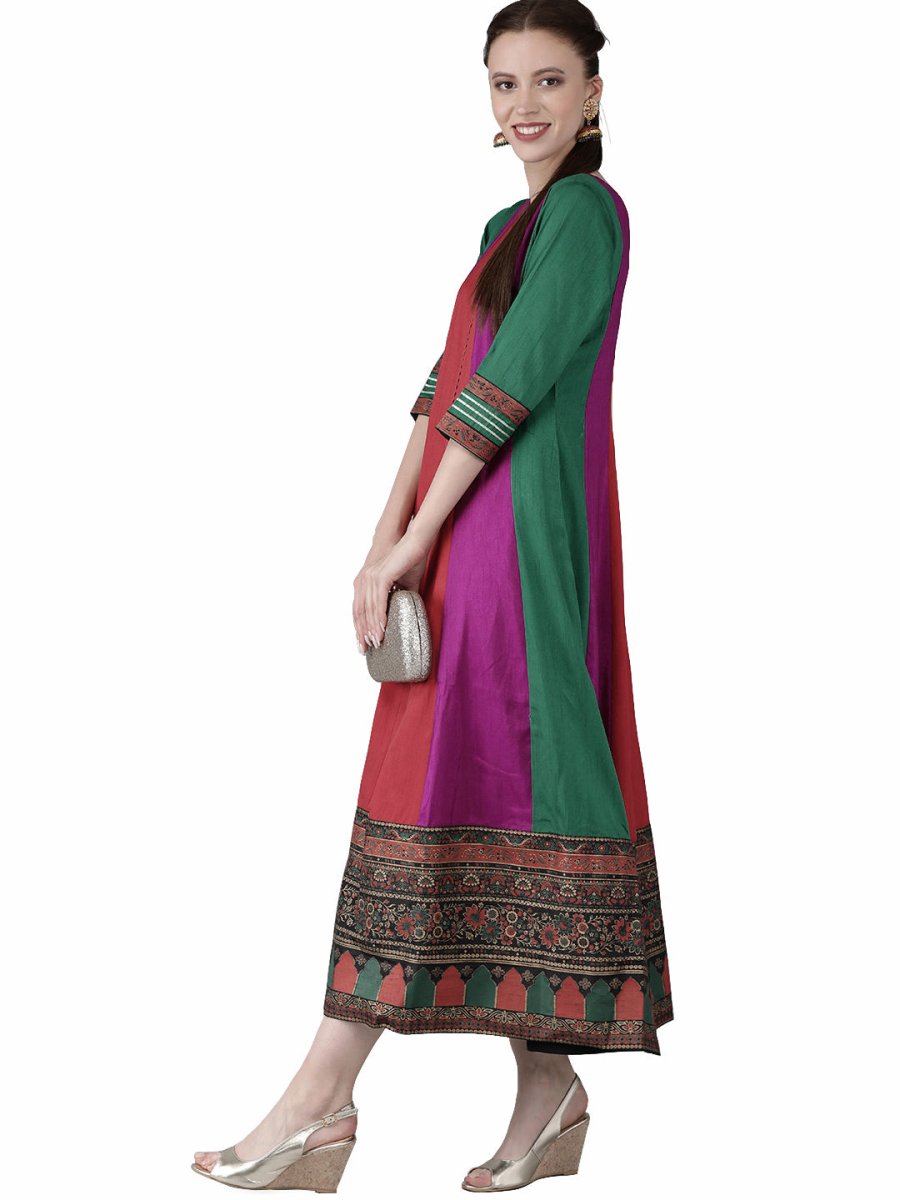 Ahalyaa Women Multicoloured Colourblocked Panalled Maxi Dress | Swadesiicart
