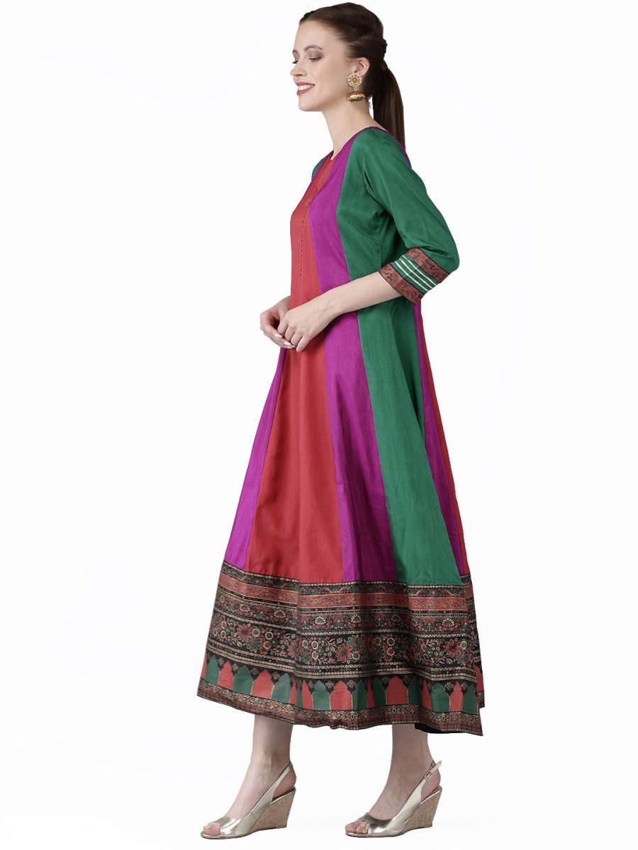 Ahalyaa Women Multicoloured Colourblocked Panalled Maxi Dress | Swadesiicart